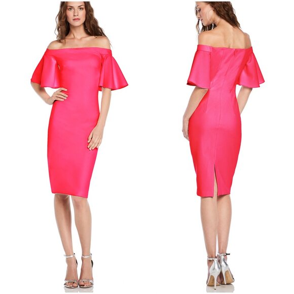 Theia Off The Shoulder Crepe Dress size 8 lipstick pink cocktail dress - Picture 2 of 11